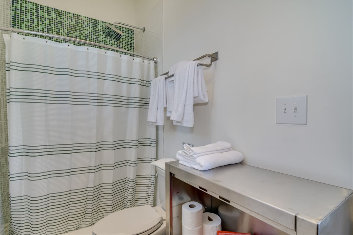 Bathroom with patterned shower curtain and fresh towels.