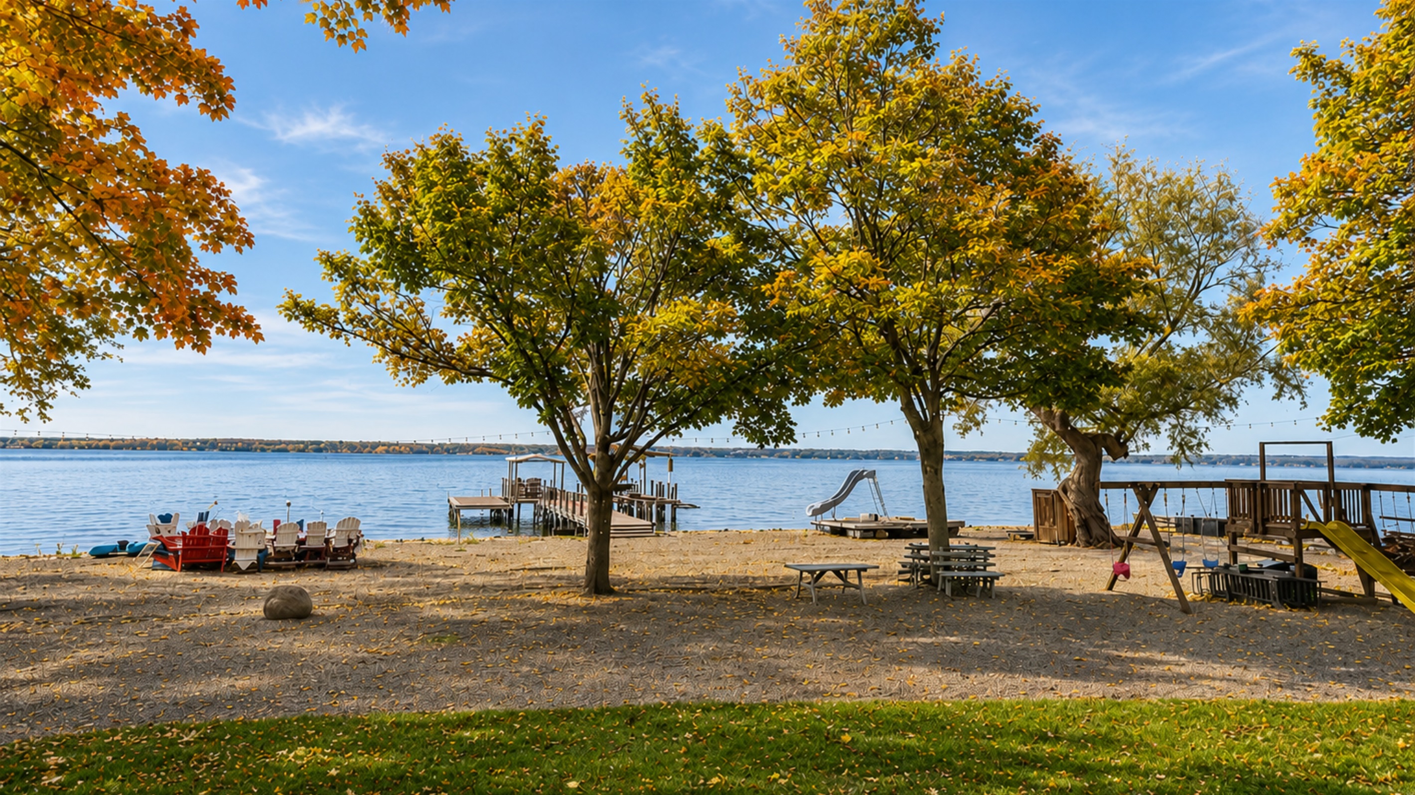 Sandy shoreline and calm waters ideal for swimming and kayaking.
