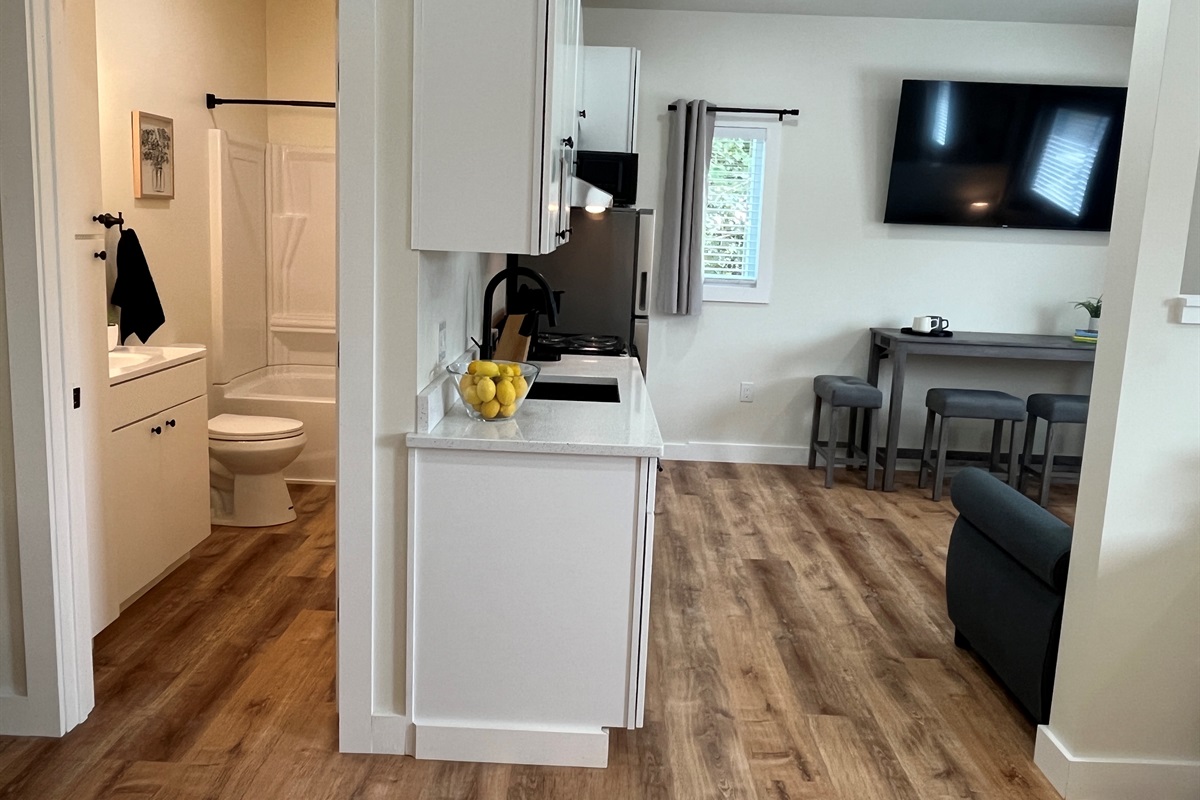 Kitchen area and bathroom