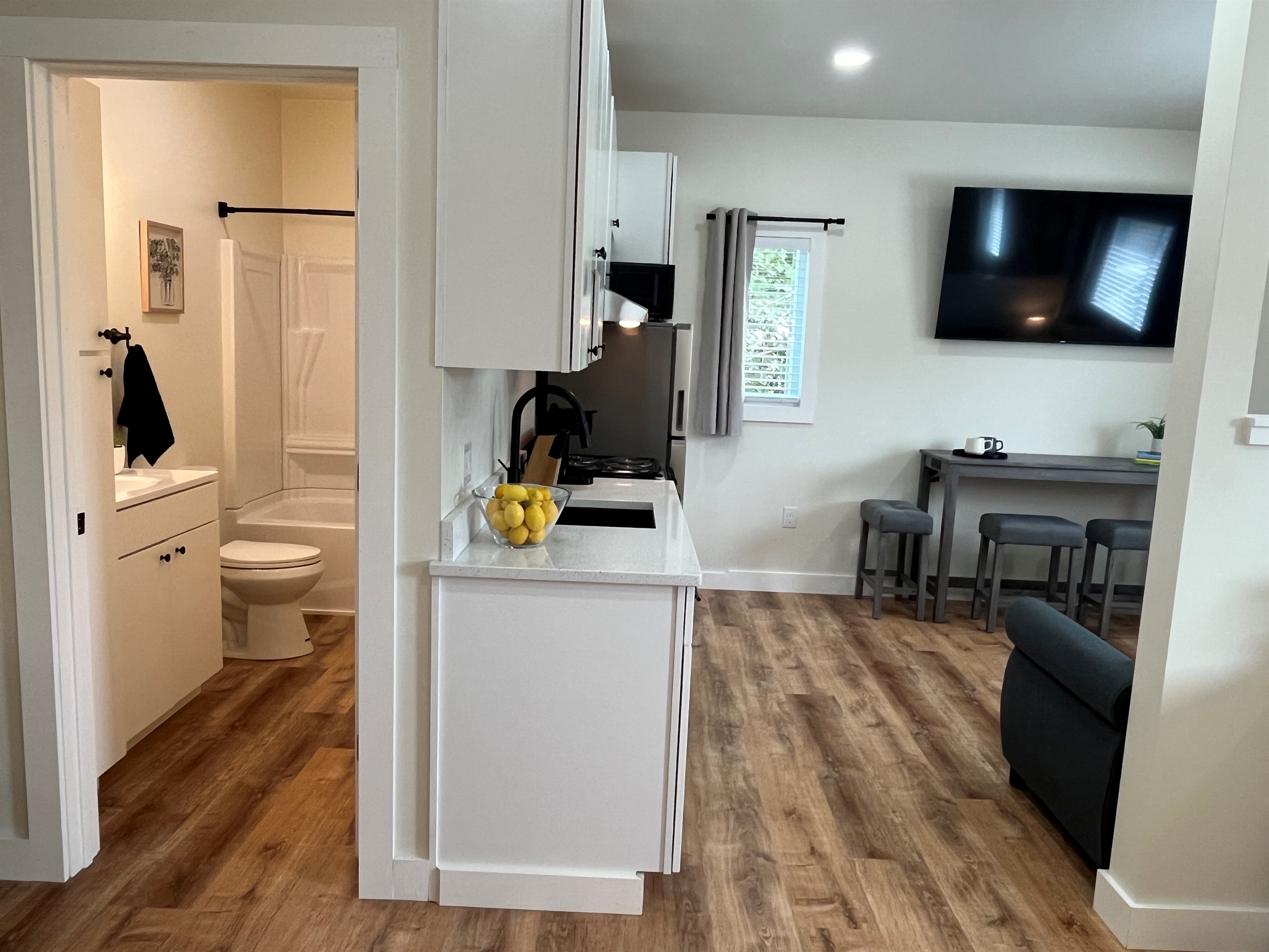 Kitchen area and bathroom