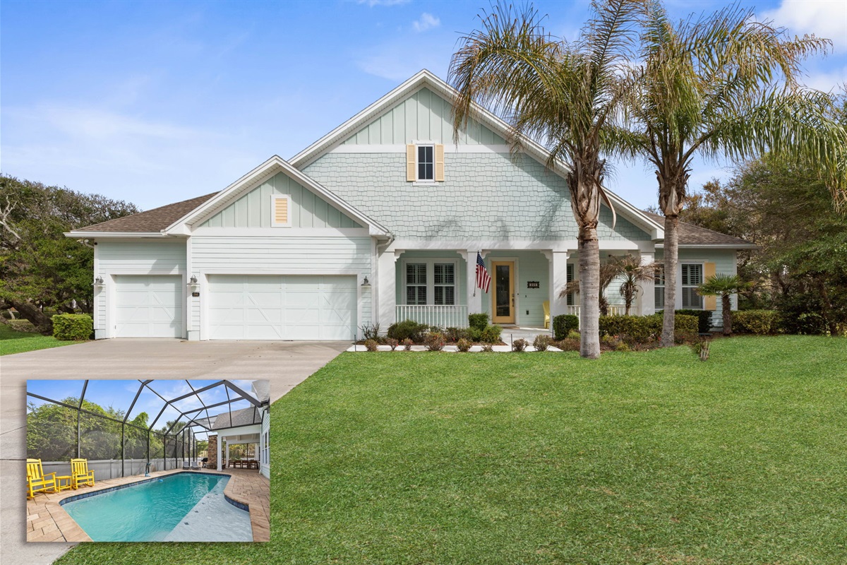 Pull into the drive, spot the palms and pastel charm, then imagine what’s waiting out back—your own private screened pool, slow beach mornings, and the kind of easy coastal getaway everyone wishes would last longer.