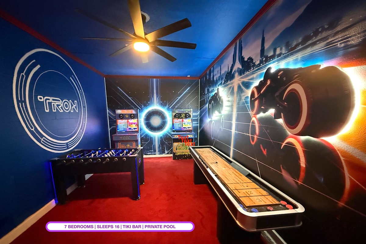Game Room with arcade games, shuffle board and foosball