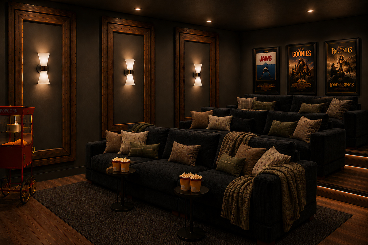 Detached entertainment lounge design preview only - featuring a pool table and theater. Currently being completed by August 30, 2026, with actual photos updated shortly after.