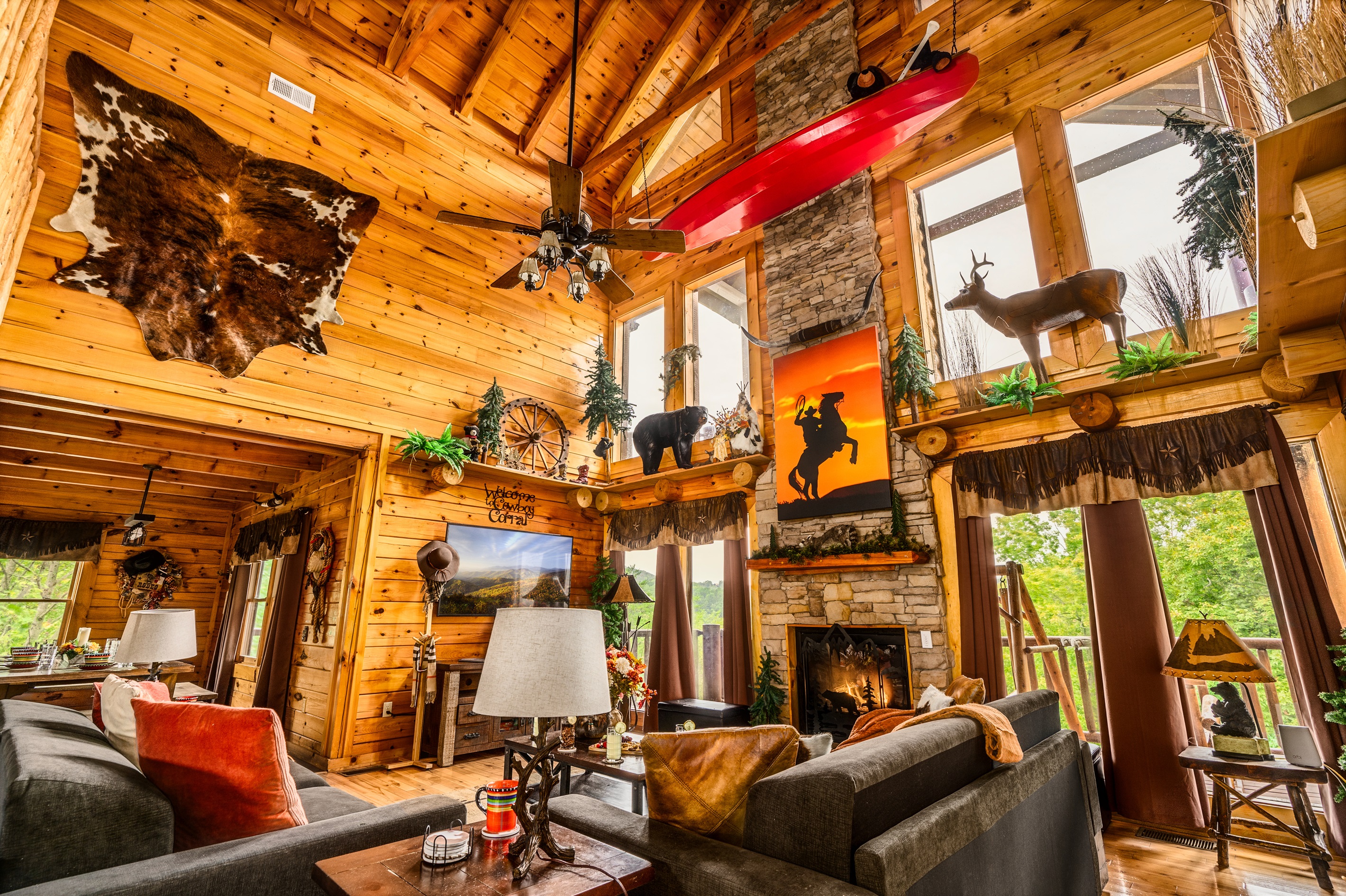 Soaring ceilings, canoe hanging from ceiling!