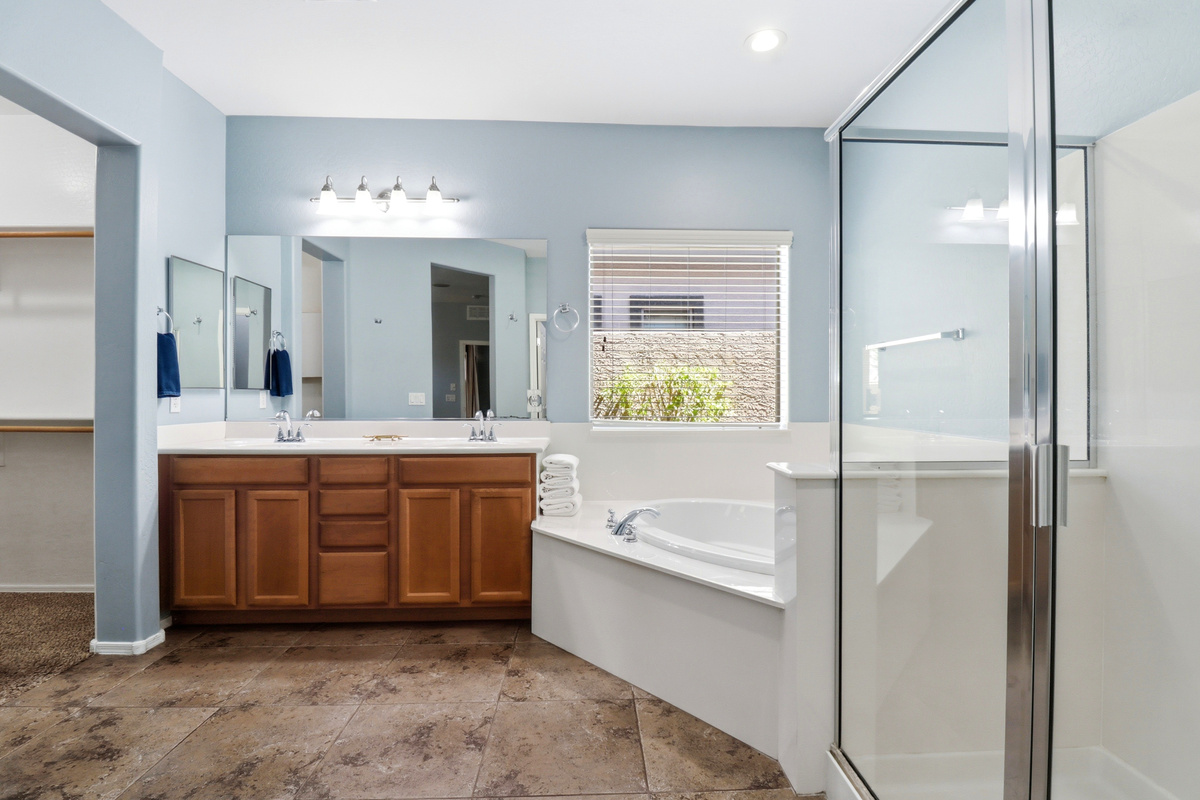 Full bathroom with double sinks, a soaking tub, separate shower, and walk-in closet nearby.
