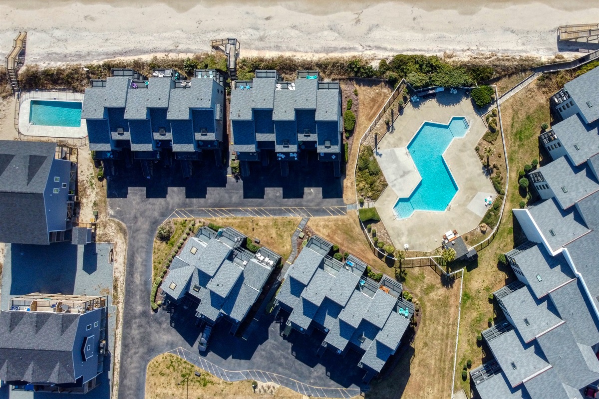 Bird's eye view of the Shipwatch Villas and pool