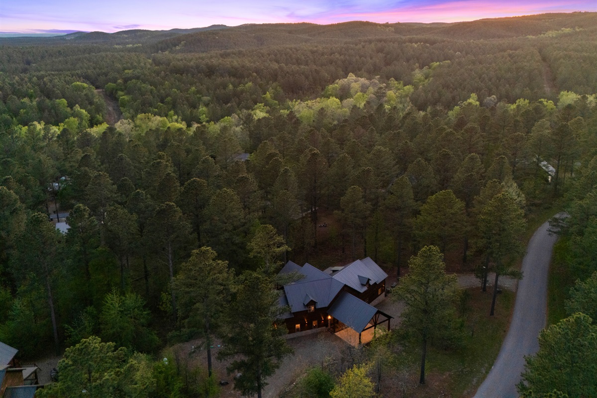 The surrounding forest stretches out in every direction, providing both privacy and stunning natural views that make this location so special.