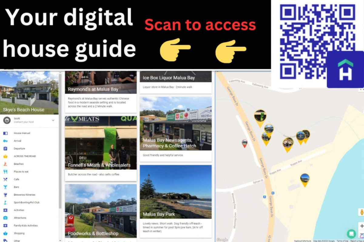Skye’s Beach House includes a digital house guide with arrival details, house information, nearby food, beaches and local Malua Bay recommendations.