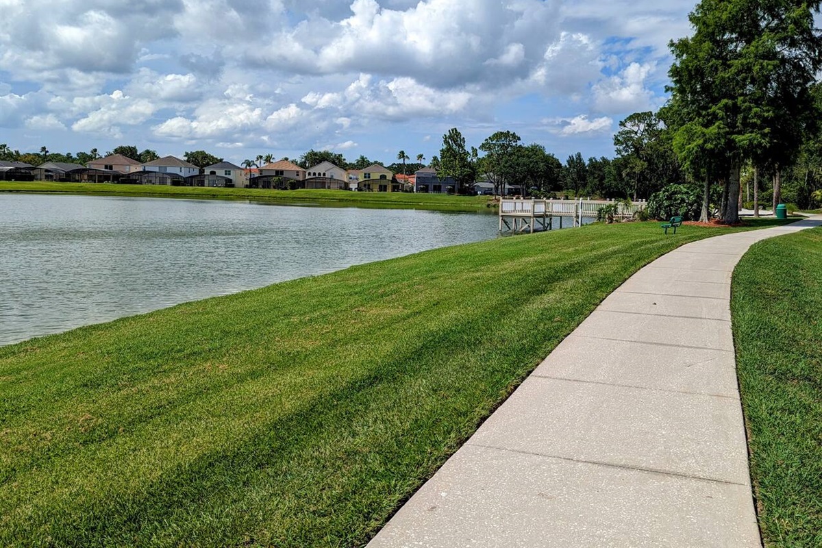 There is a walking trail around the lake with a parking lot at the end of Formby Court. 