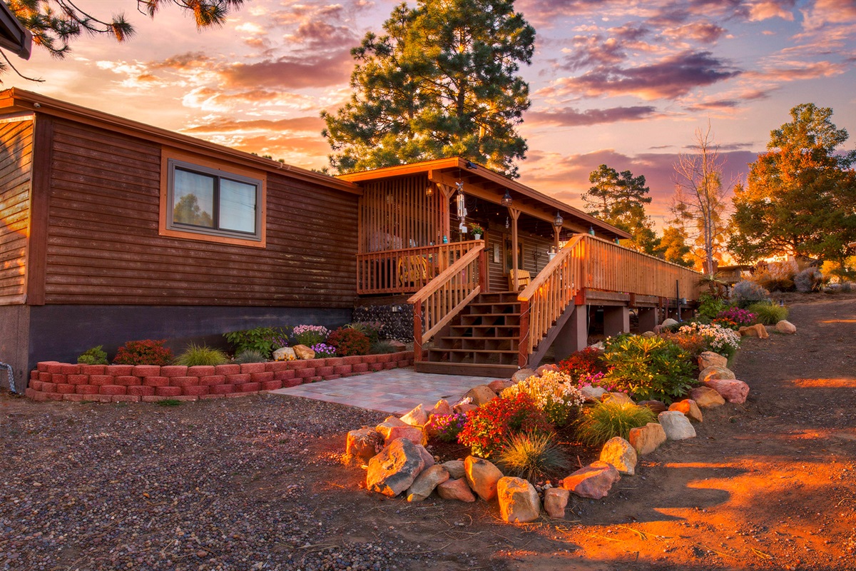 Patio sunsets/evening. Photo taken in spring. Winter time the plants will not be full green and deer often eat them. 