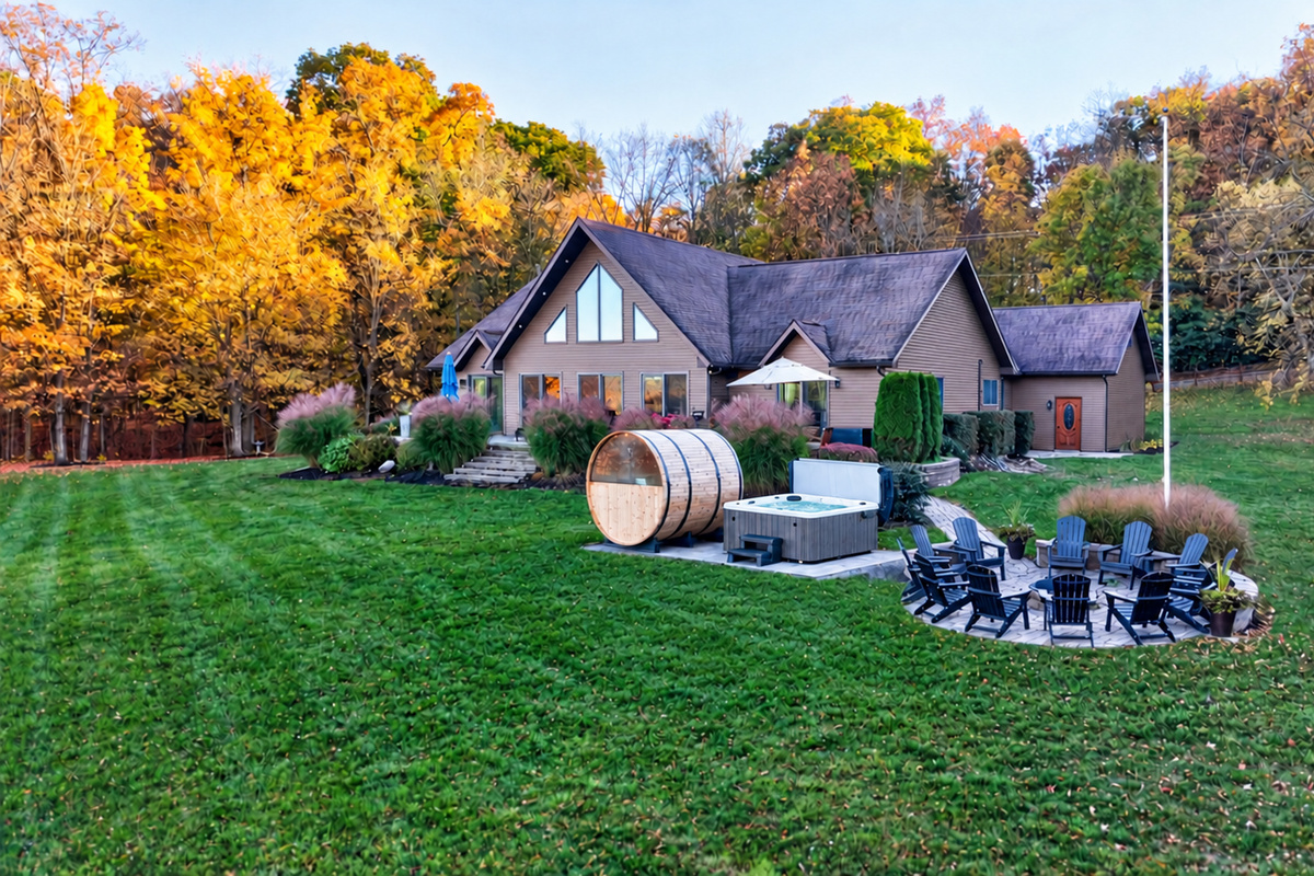 Backyard with fire pit seating and sauna