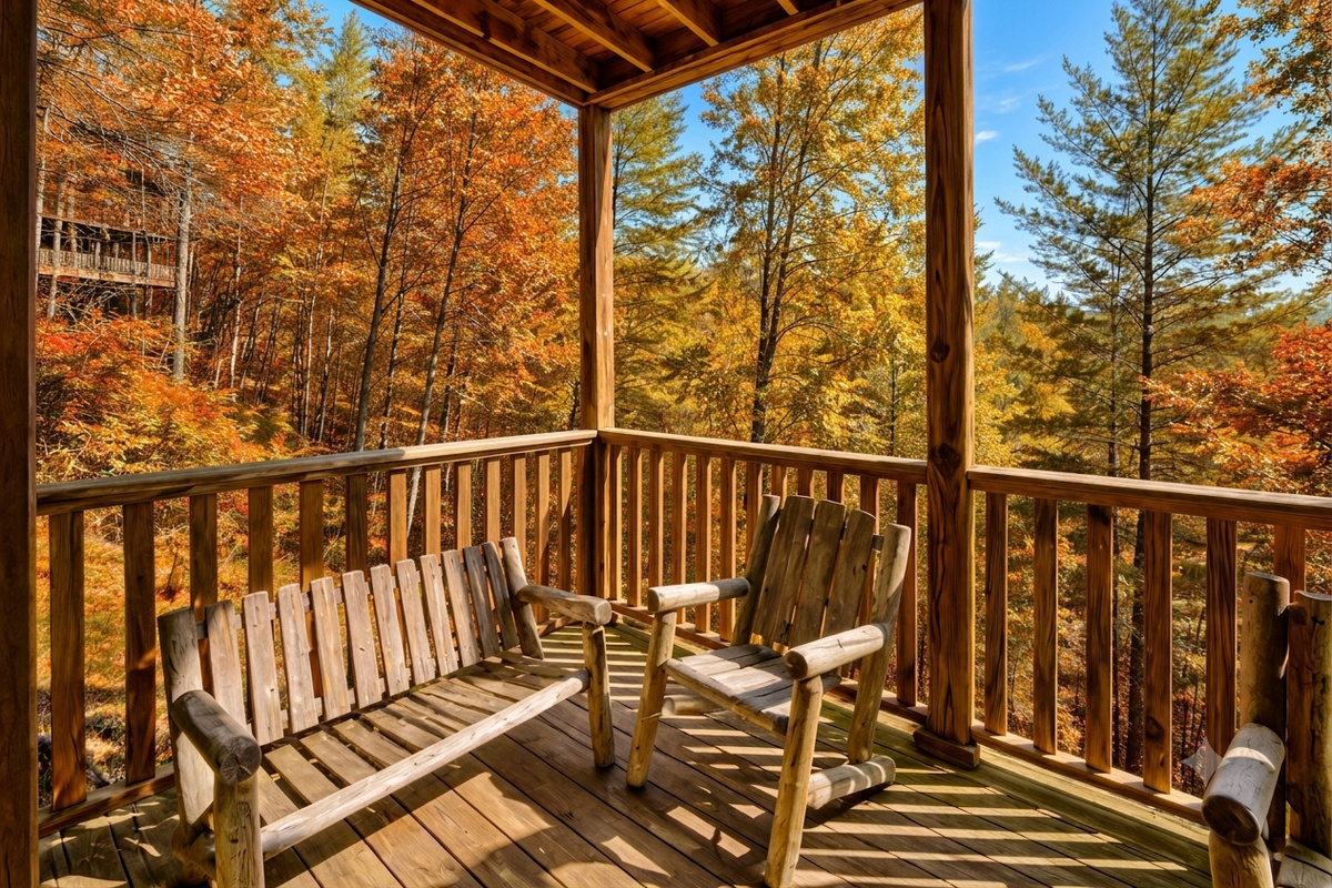 Start your morning with coffee and birdsong on this rustic wooden porch. The handcrafted chairs and peaceful forest views invite you to slow down and savor the mountain calm.