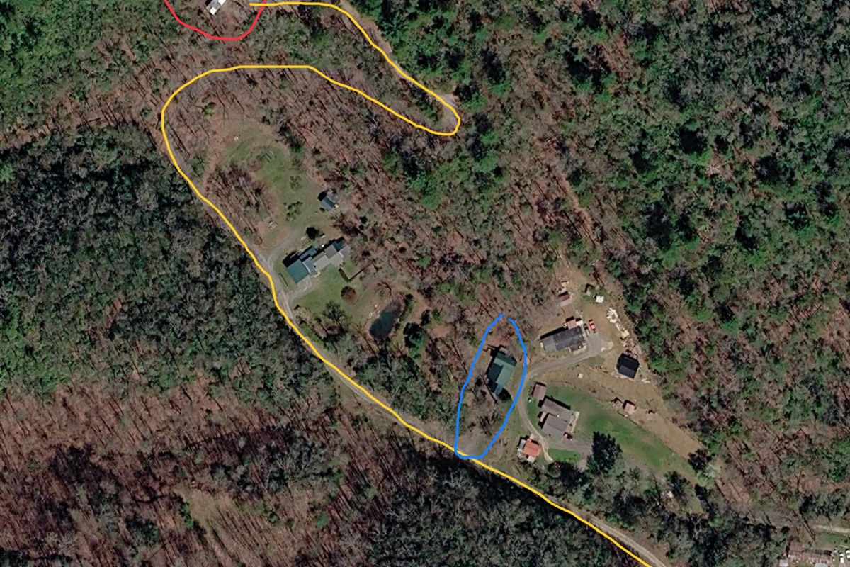 Yellow represents the driveway, and the red represents High Hollow Cottage.
