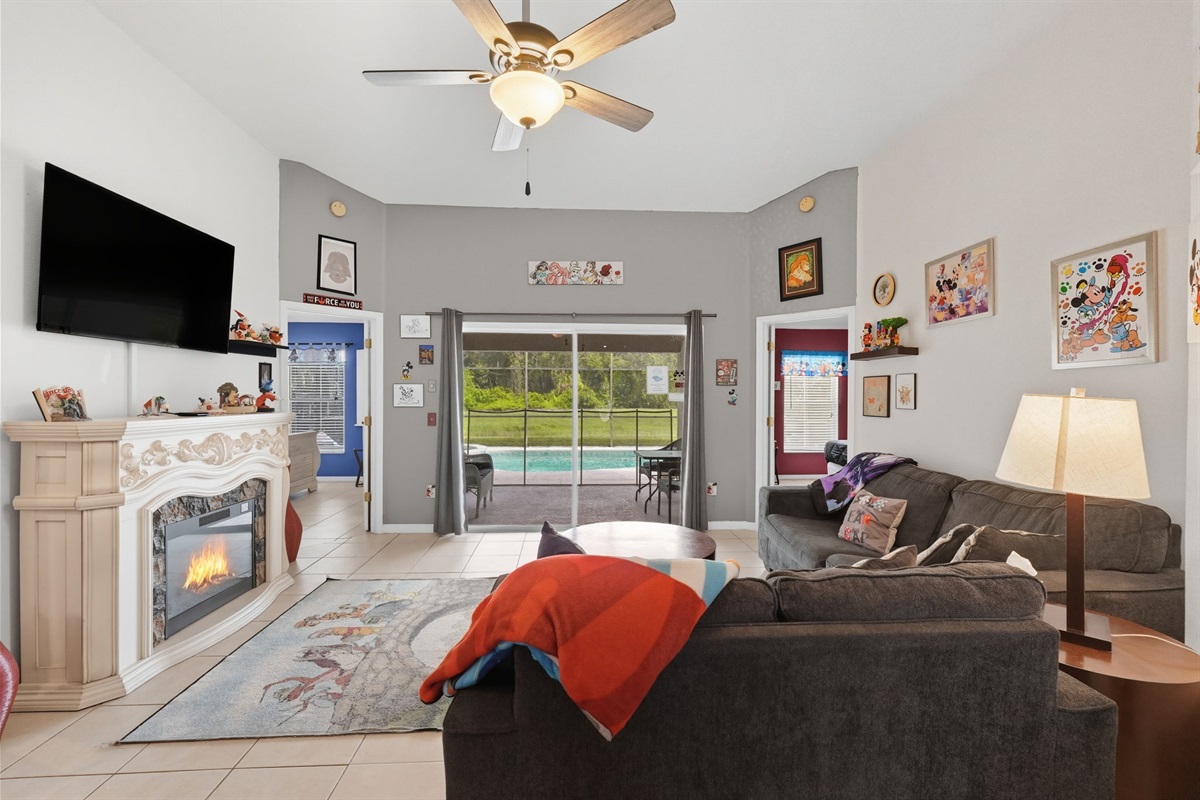 Spacious Living Room with Indoor Fireplace