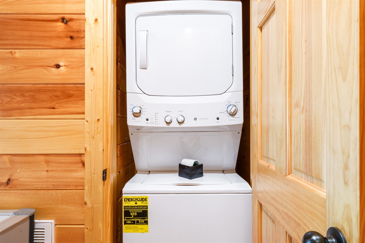 Laundry closet located in the basement with starter supplies.