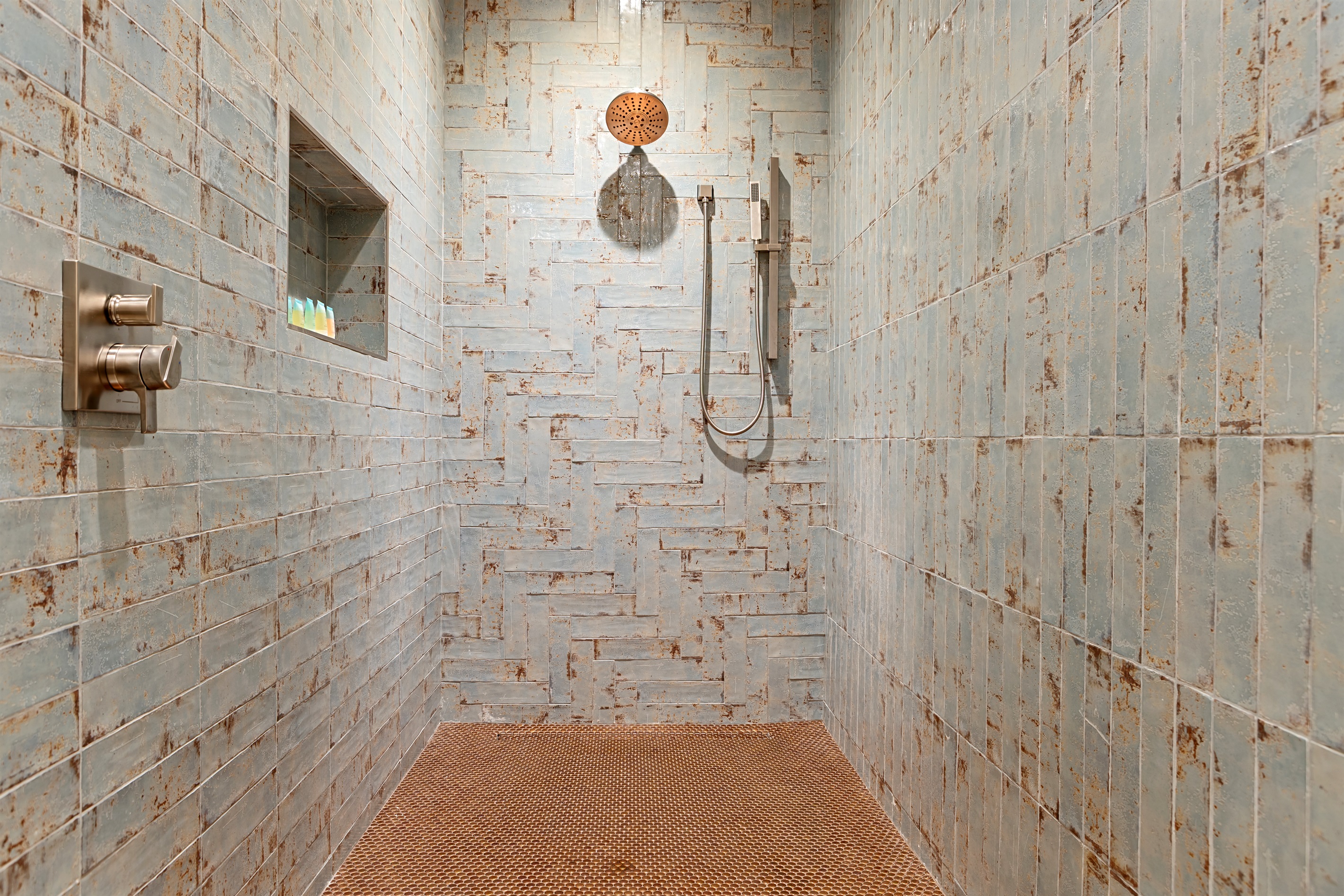 Gorgeous copper shower | starter soaps provided
