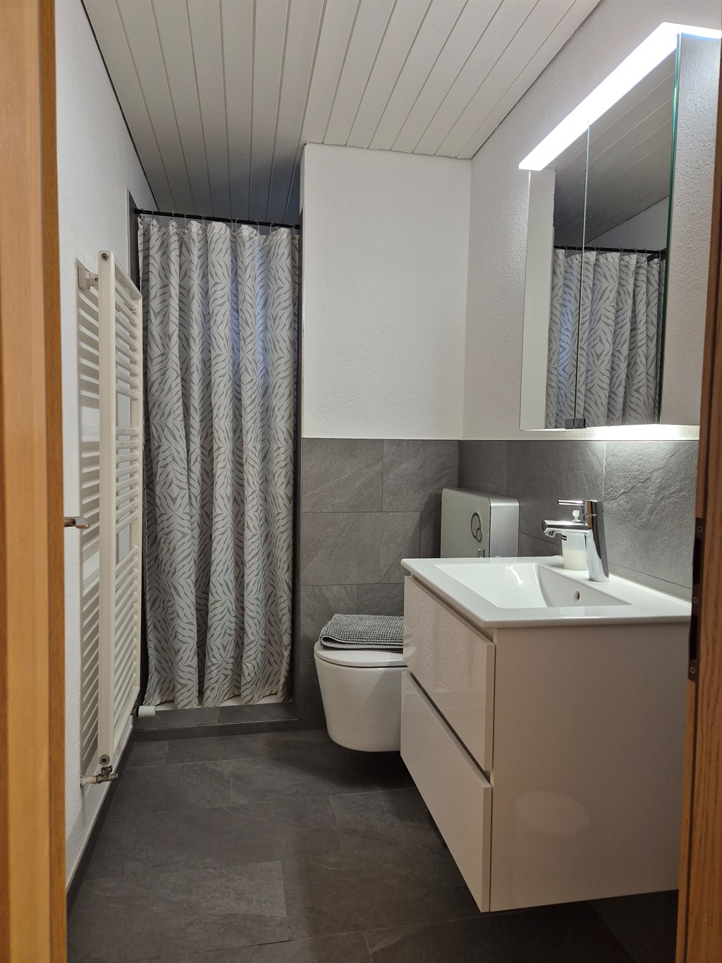 Bathroom with shower, wc, sink and mirror
