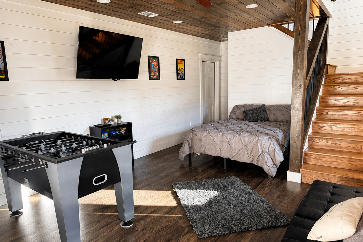 Game Room/Basement | Queen bed, foosball & additional seating. Separate from the bunk room