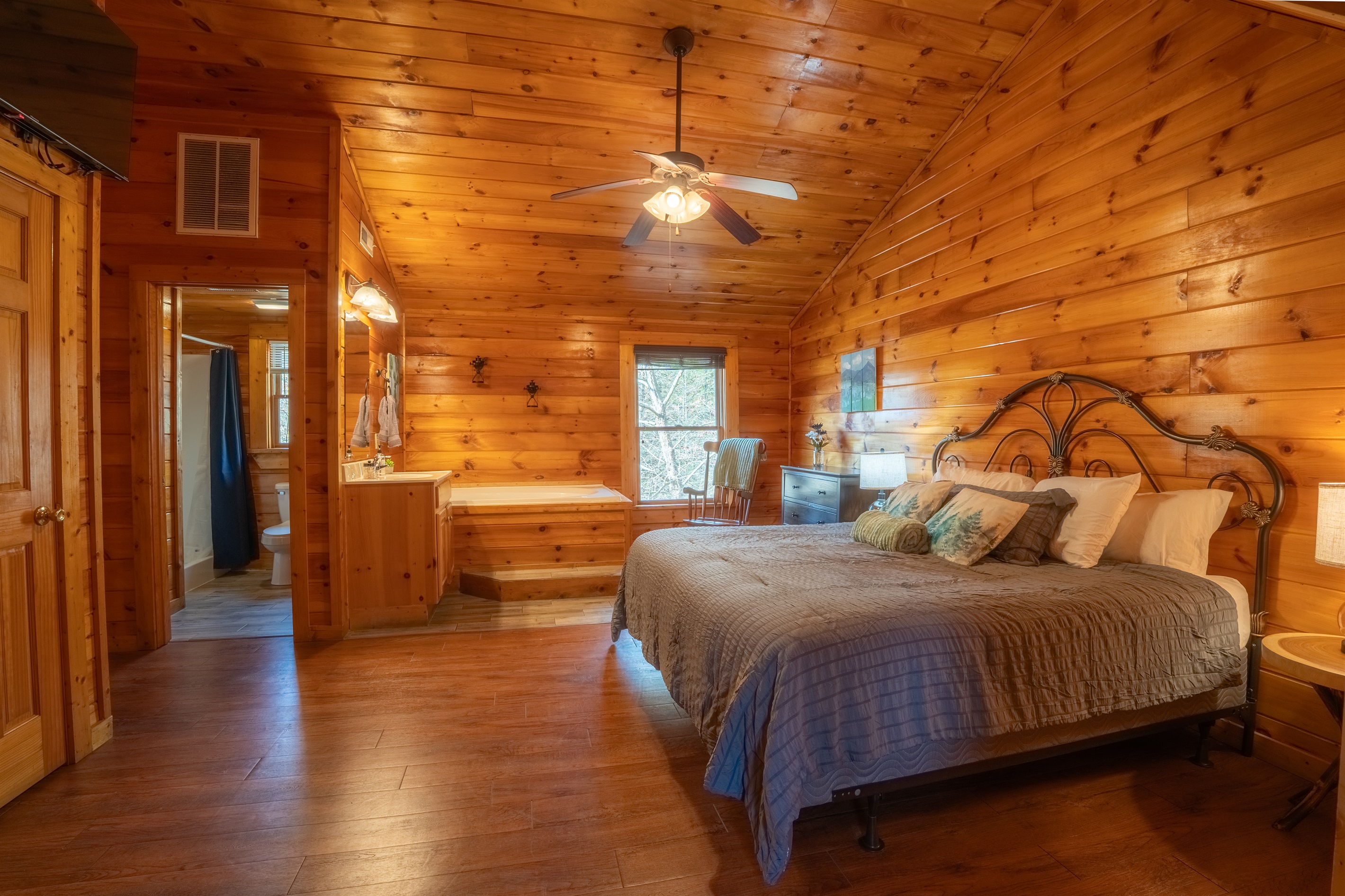 Relax with a movie in bed or soaking in our jacuzzi tub.