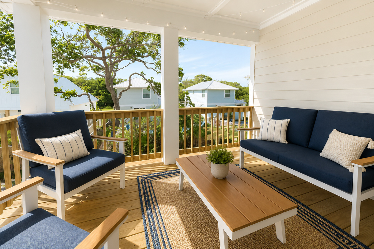 String lights flicker on as the pool goes quiet below — the back porch lounge holds a cushioned sofa and chairs for recapping the day's best wave, with the neighborhood's tin roofs glowing in the last light.
