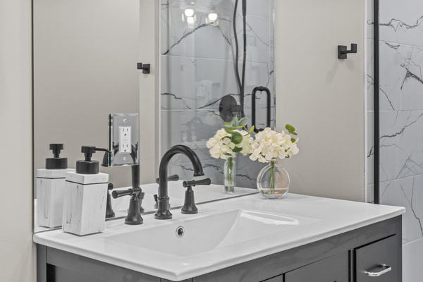 Hand soap is thoughtfully provided at the vanity for your convenience