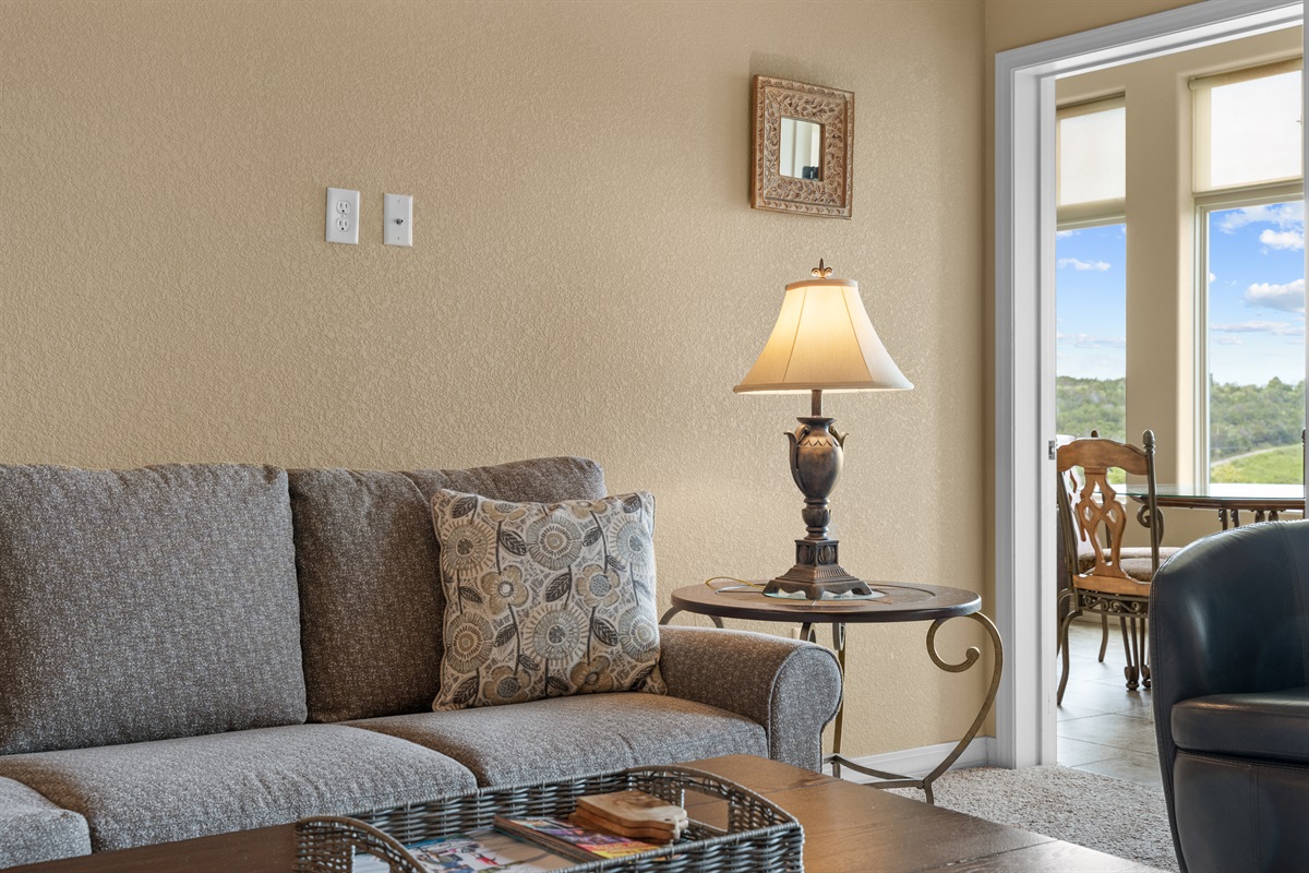 Even the smaller seating moments here feel relaxed, bright, and connected to the view.