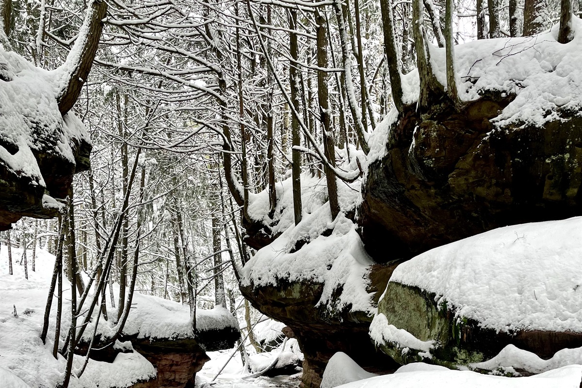 Houghton Falls Trail in Washburn, WI a 20 min drive from the cottage. A 30 minute hike with seasonal waterfalls, sandstone cliffs, and runs to the shoreline of Lake Superior with sea caves