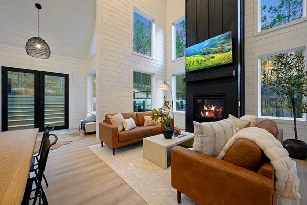 Gather around the sleek fireplace for cozy evenings with a fire and your favorite movie.