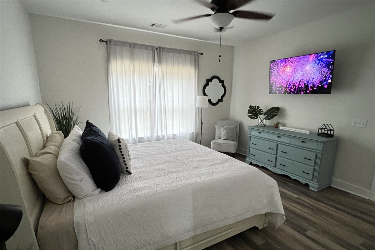 The Master suite has a nice size television for your streaming services. 