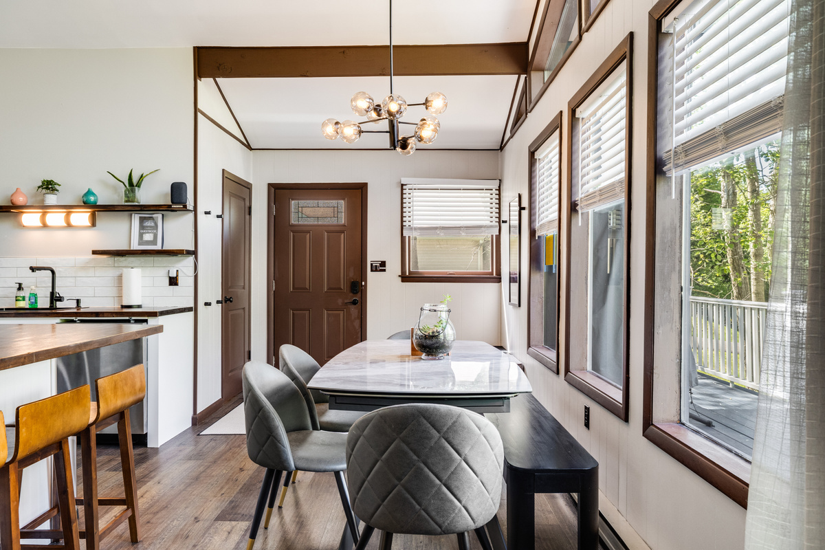 [Dining area] Marble extendable dining table (sits 8)