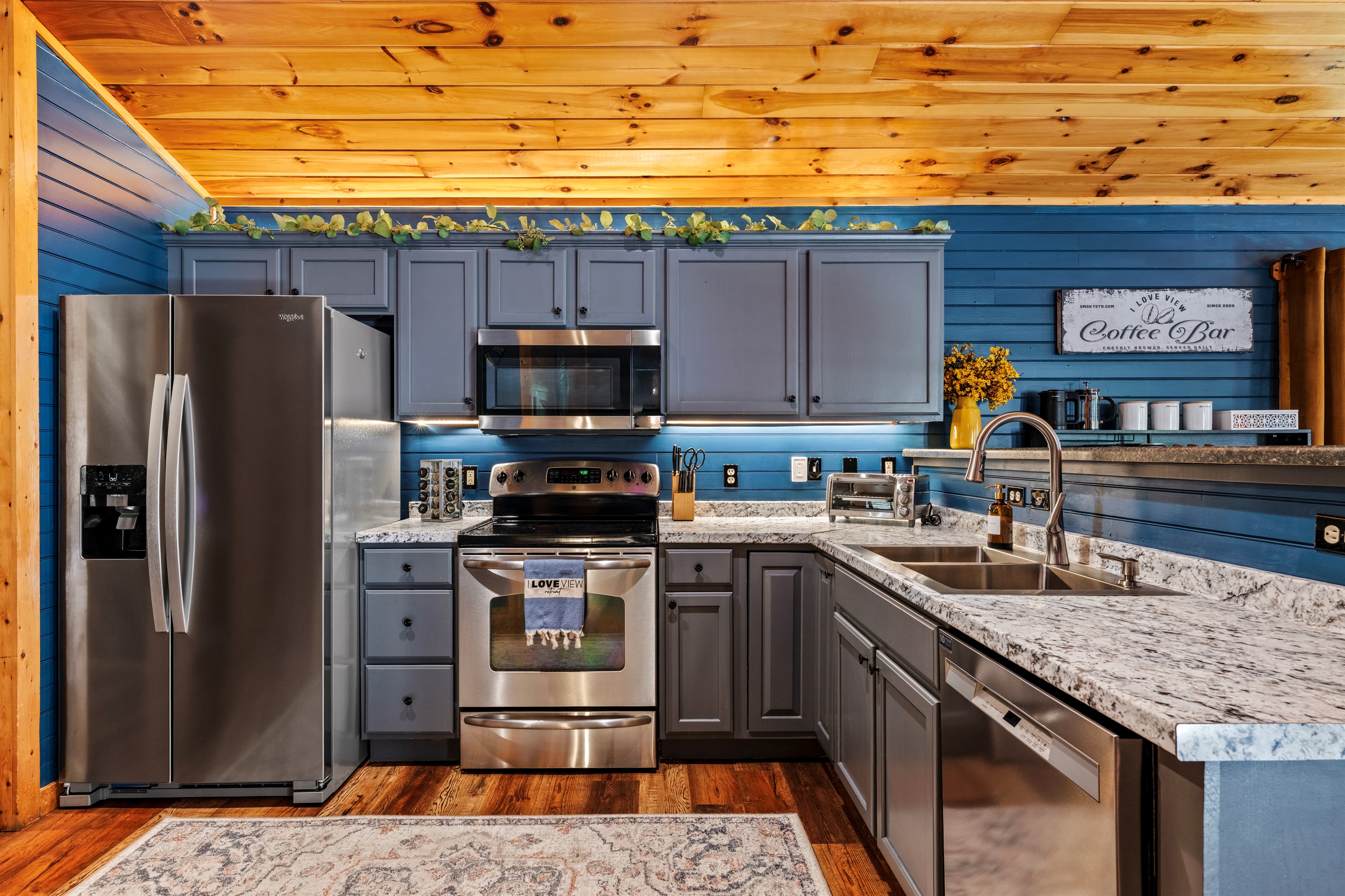 Updated appliances including fridge, microwave, electric stove/oven, and dishwaser