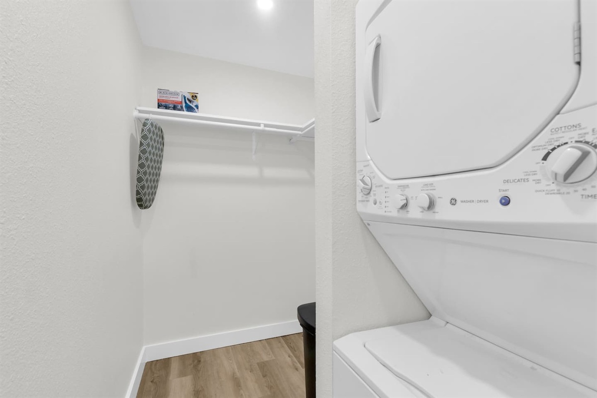 Enjoy the convenience of in-unit laundry, ample clothes storage, iron, iron board and detergent also provided for your extended Dallas stay.