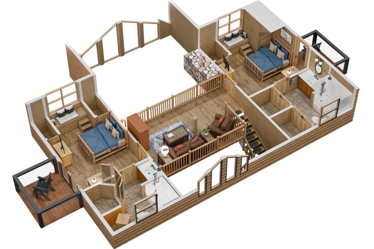 This floor plan highlights the comfortable sleeping arrangements, inviting living area, and convenient access to the balcony. Your mountain retreat awaits!