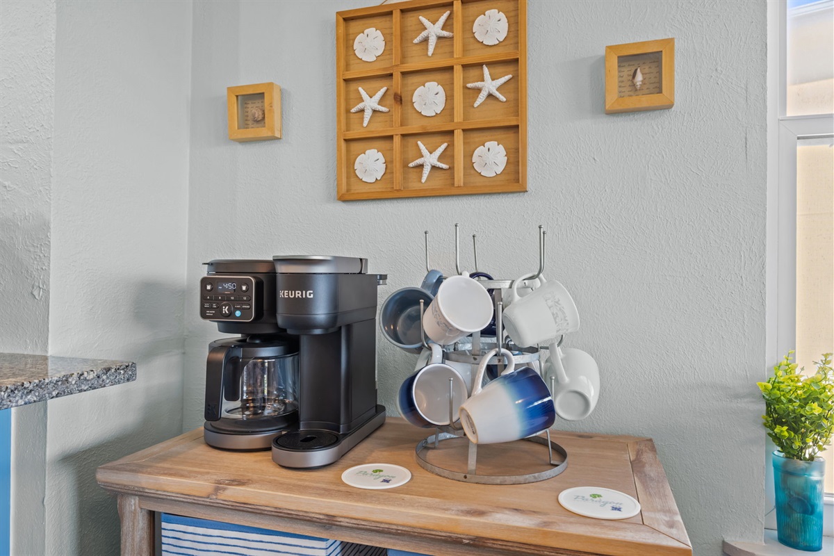 Coffee station with Keurig Duo ready for both single cups and full pots