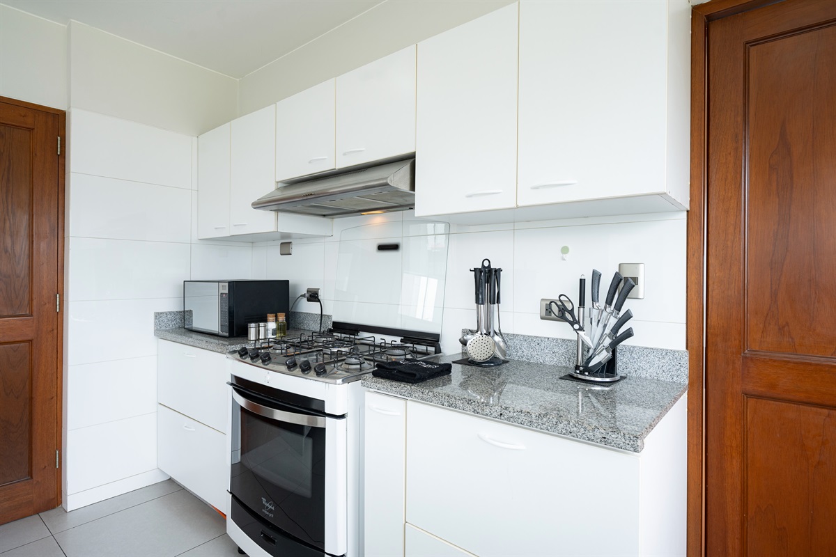 Fully equipped kitchen with electric stove, oven, large fridge, and everything you need to cook at home  /  Cocina totalmente equipada con estufa eléctrica, horno, refrigeradora grande y todo lo necesario para cocinar en casa