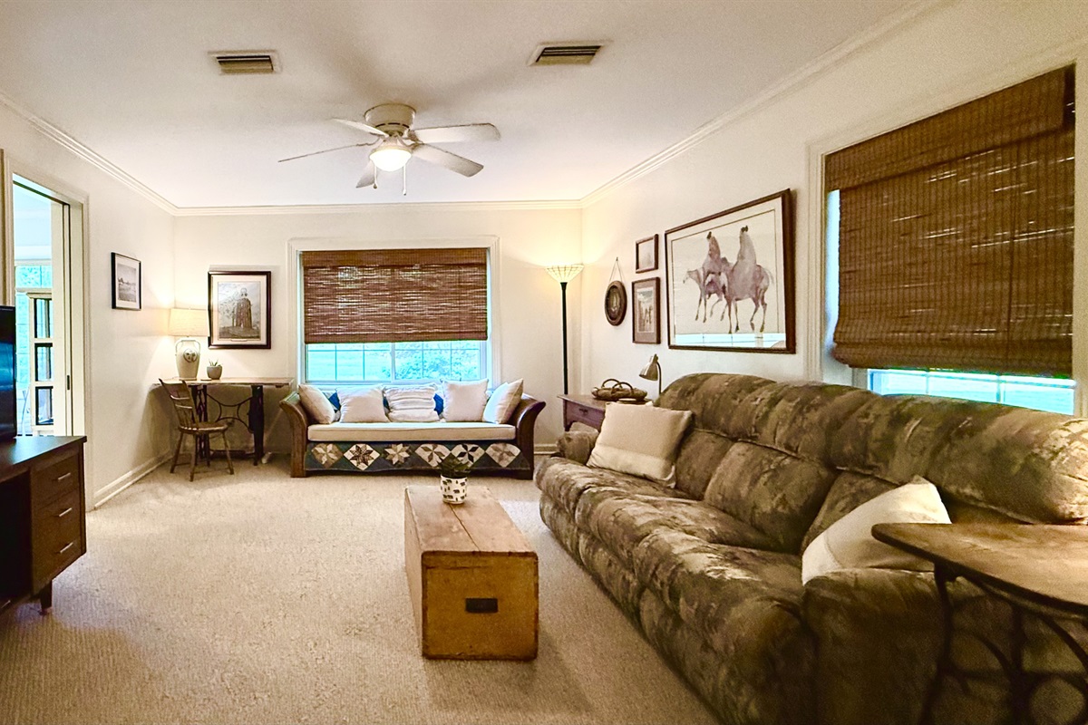 Relax in the lower level living area with cozy seating and a smart TV