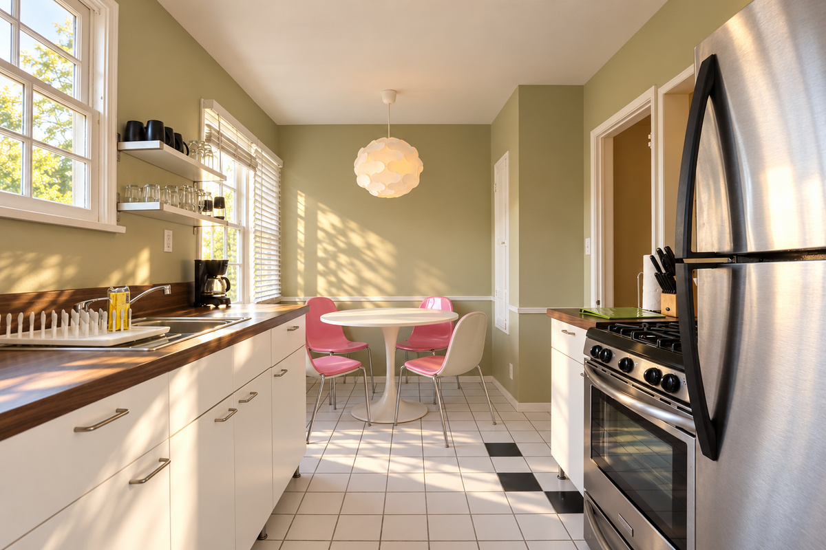 A wide kitchen view shows the stainless-steel appliances, long wood countertop, white cabinets and tiled floor with dark accents. At the far end, a sculptural pendant lights the round dining table beside windows overlooking greenery.