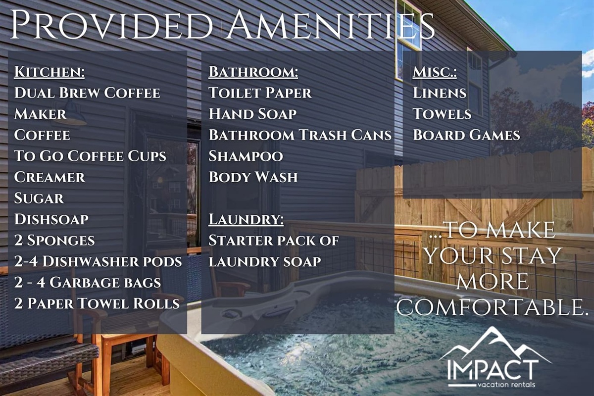 Your comfort is our priority! Enjoy our thoughtfully provided amenities, all set up to make your stay feel just like home.