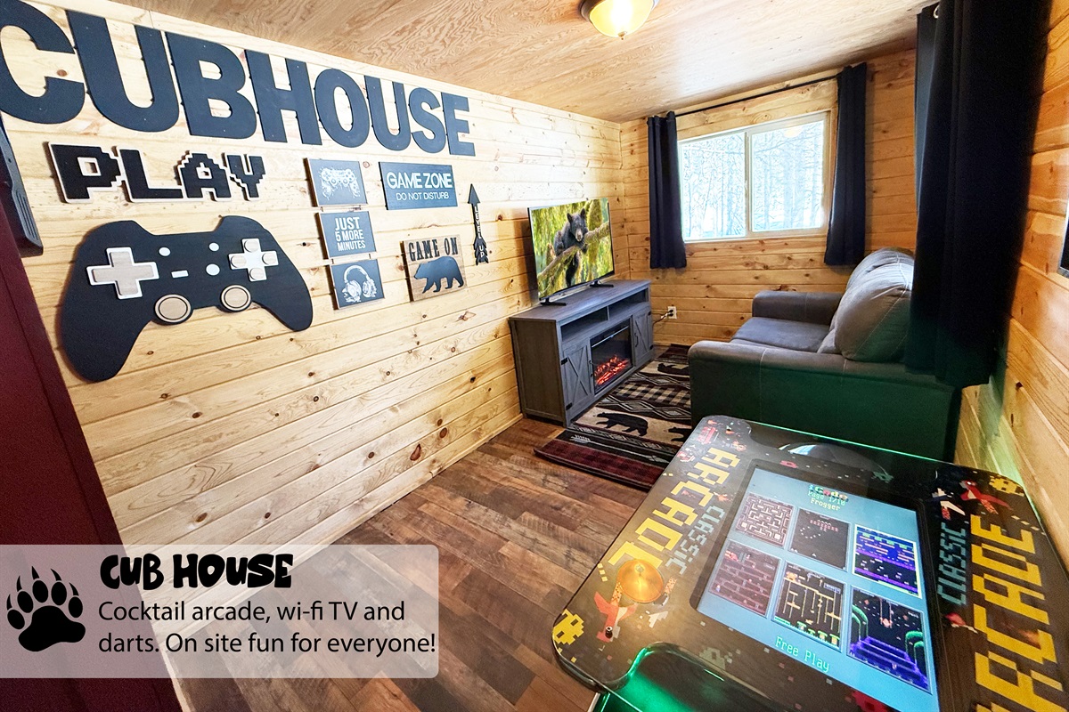 Bear Paw Lodge CubHouse game room. Enjoy a nostalgic cocktail arcade game with 60 games, darts, Wi-Fi TV for streaming movies, games, etc.