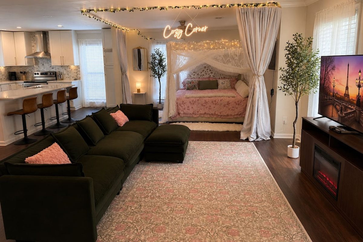 Living room featuring our TikTok famous &ldquo;Cozy Corner&rdquo; it&rsquo;s a chill/lounge area that can also be used as a sleeping space with privacy curtains if needed! However we still have 3 other private bedrooms.