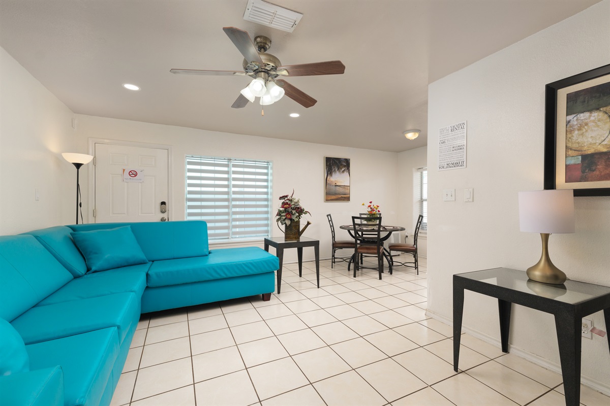 Living Room with our Signature Aqua Couches!