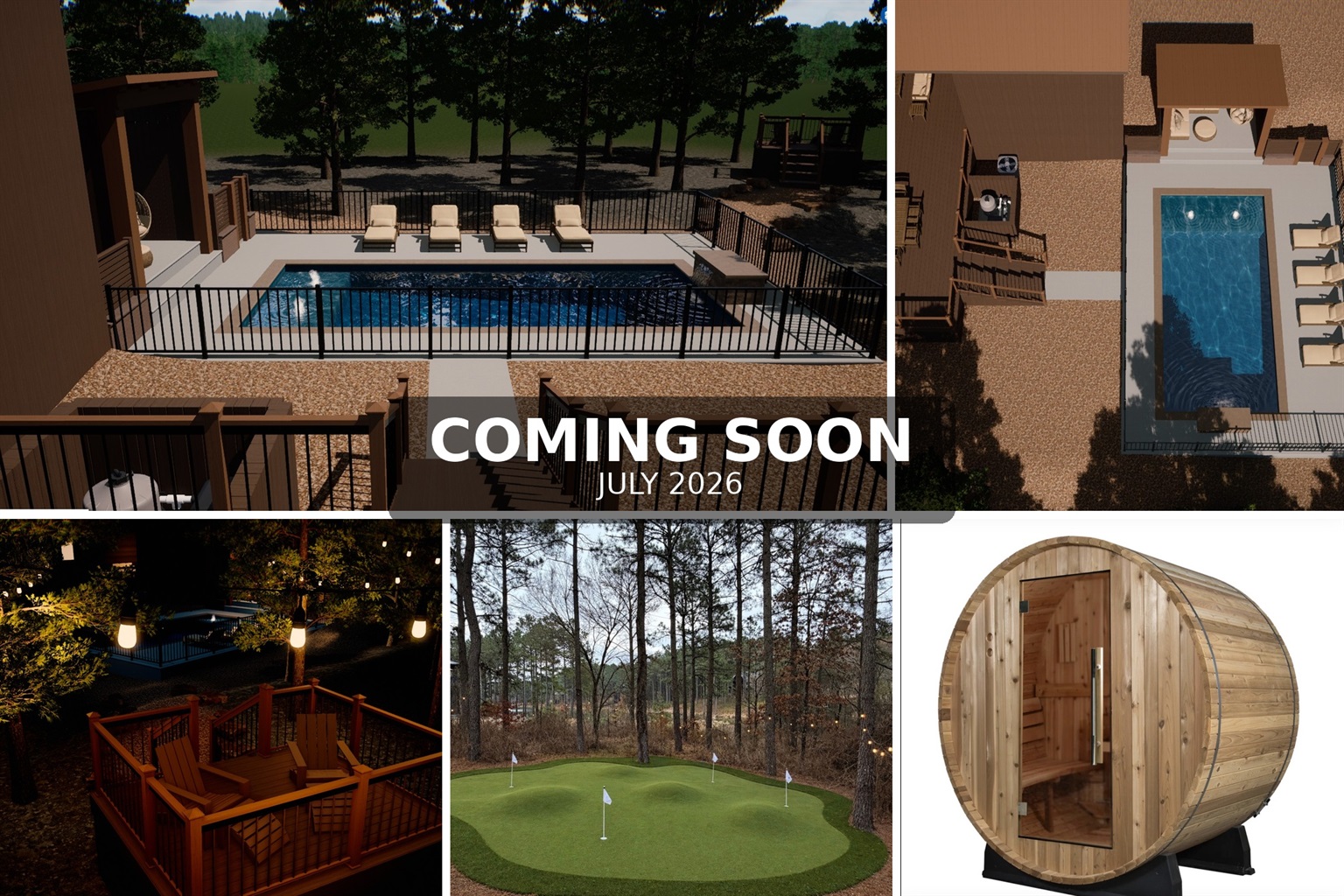Coming July 2026: Enjoy brand-new resort-style amenities, including a private pool, twilight pond viewing deck, putting green, and cedar sauna, all designed to elevate your stay with relaxation and outdoor comfort.