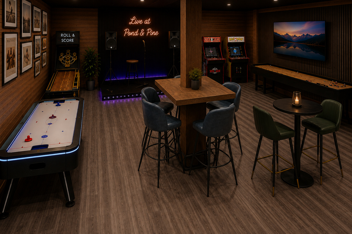 Game room design preview only - currently being completed by August 30, 2026. Actual photos will be updated shortly after.