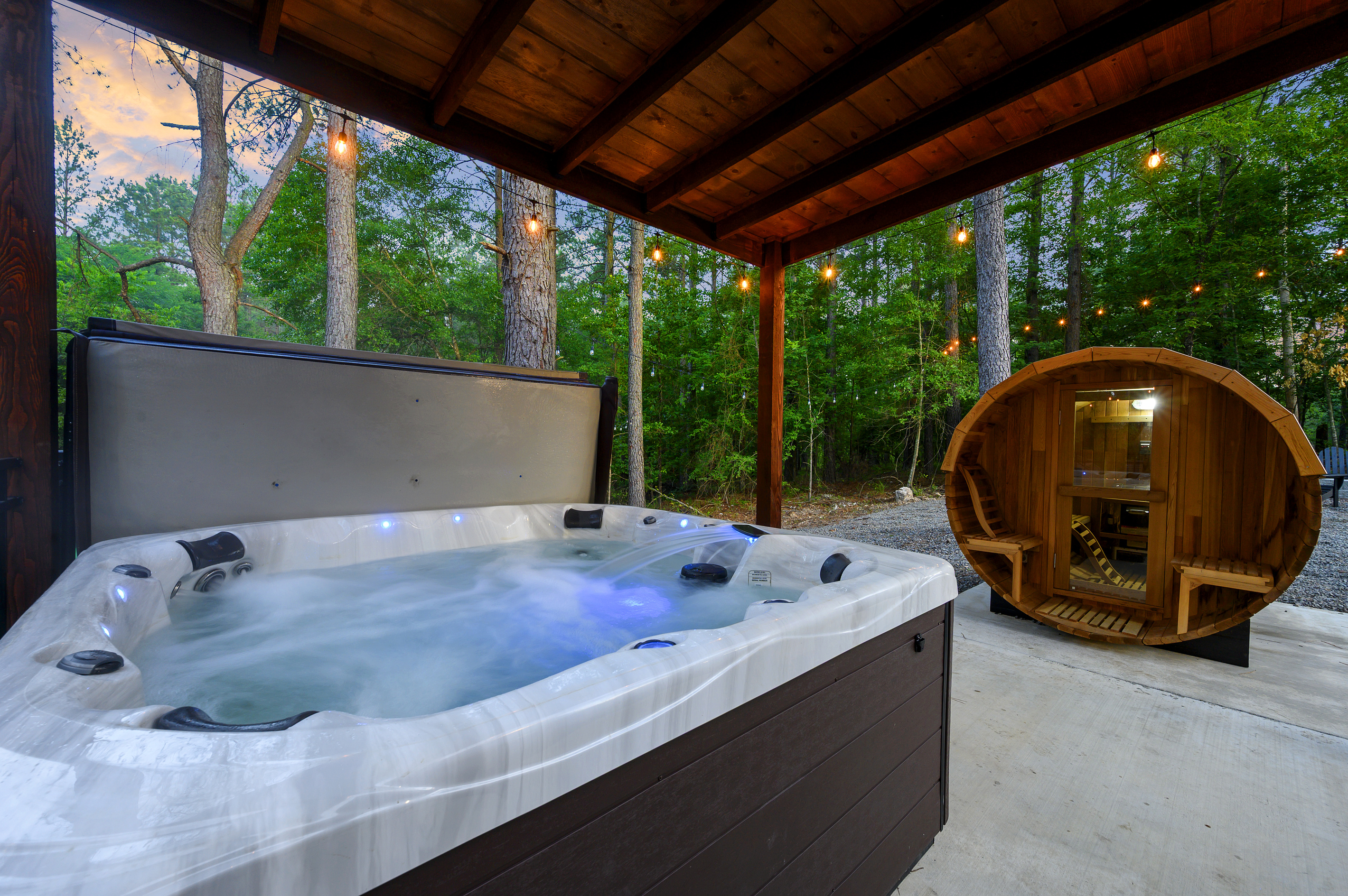 Your private reset under the pines. Soak in the hot tub, then unwind in the 4-person barrel sauna, all tucked beneath a covered gazebo for a relaxing end to the day.
