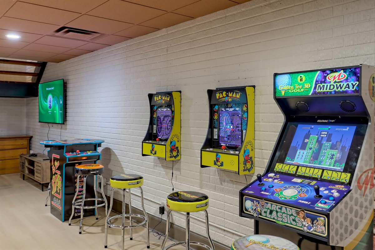 Enjoy multiple arcade machines and a large TV for endless fun.