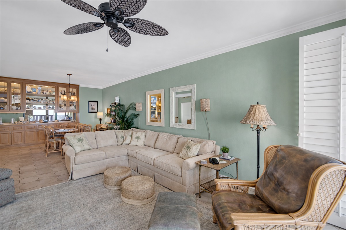 Living room will have leather sleeper sofa, 4 recliners, wall mounted tv, new ceiling fan with light kit, room darkening blackout curtains, an amazing Gulf view and balcony access