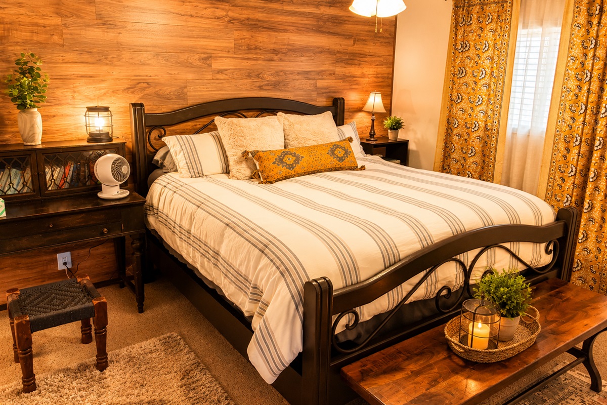 The master bedroom has a king size bed that is very comfortable, adorned with cozy linens  It also has reading lights on both sides and room darkening shades so you should be able to sleep soundly in this mountain retreat.