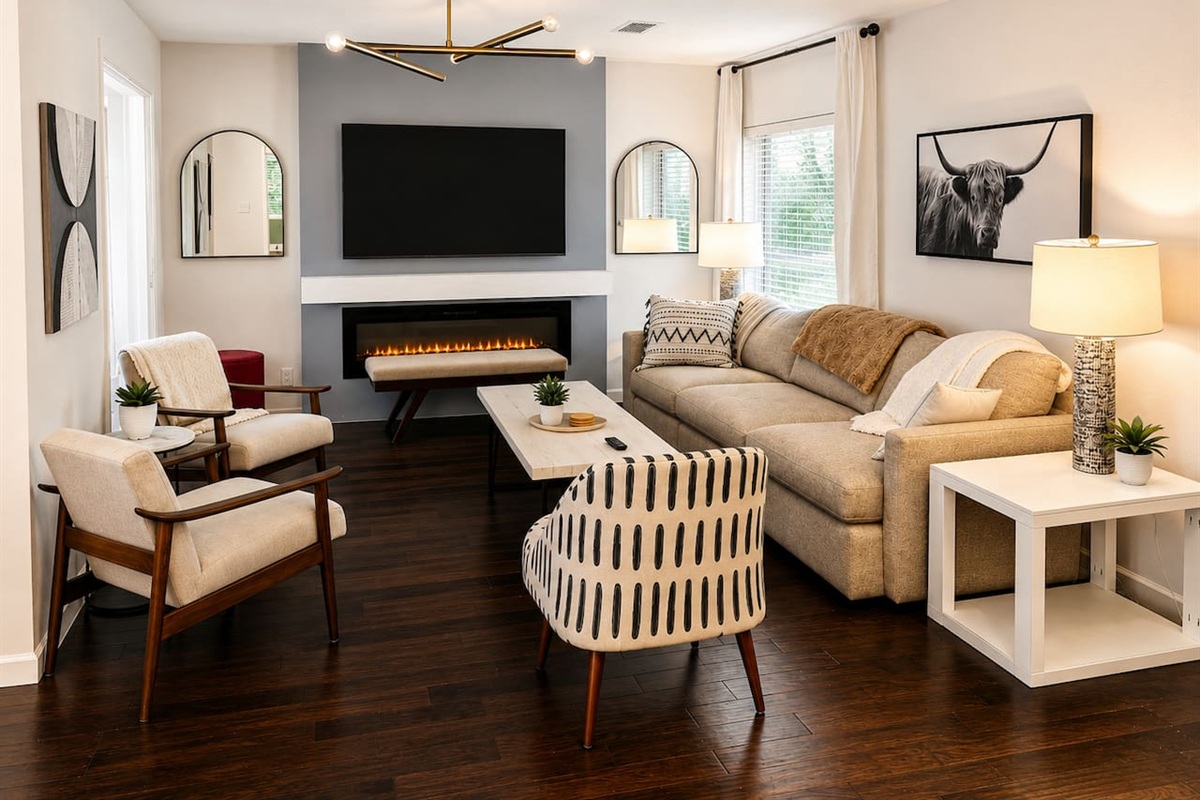 Cozy modern living room with symmetry