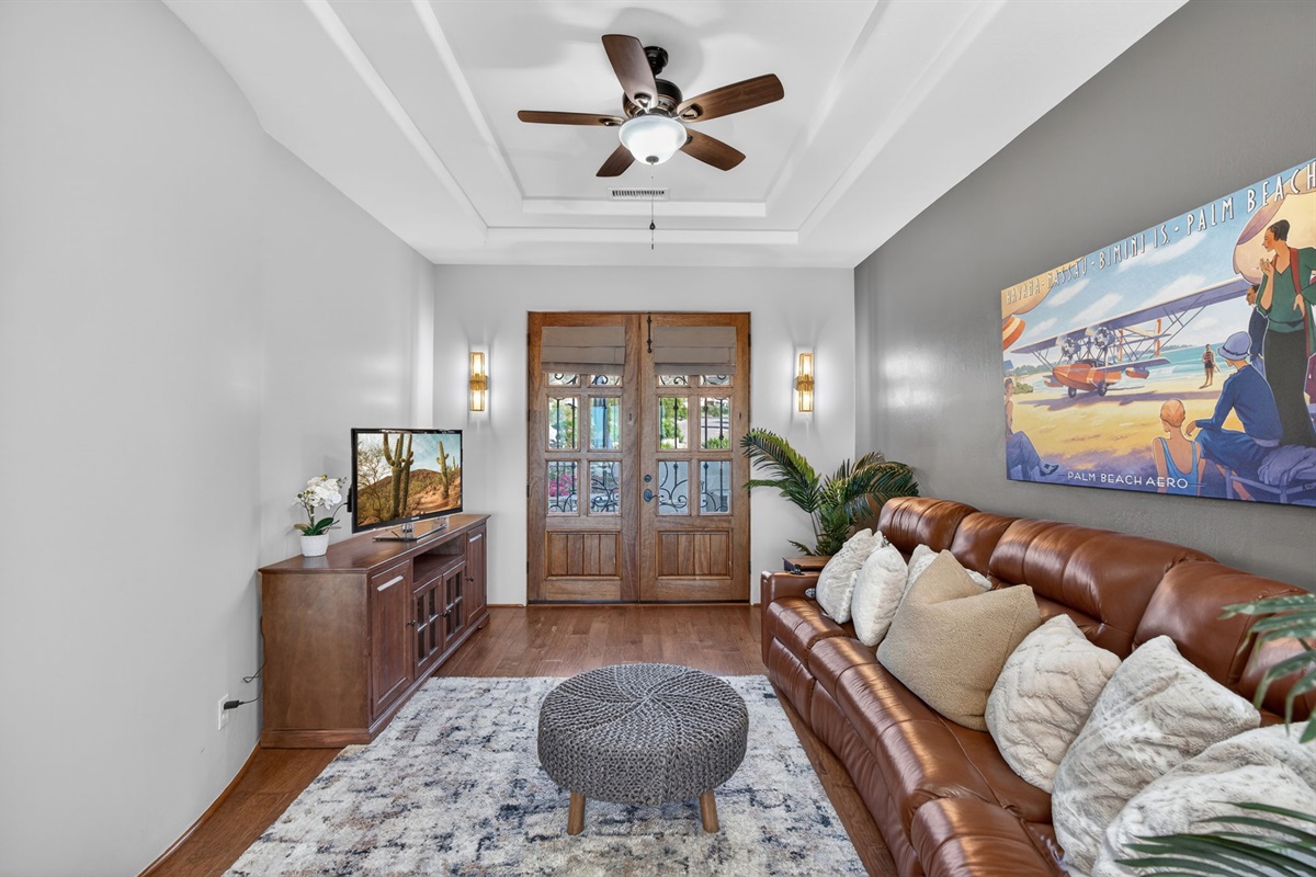 Private secondary living area with Smart TV provides a perfect spot for movie nights or kids’ entertainment space