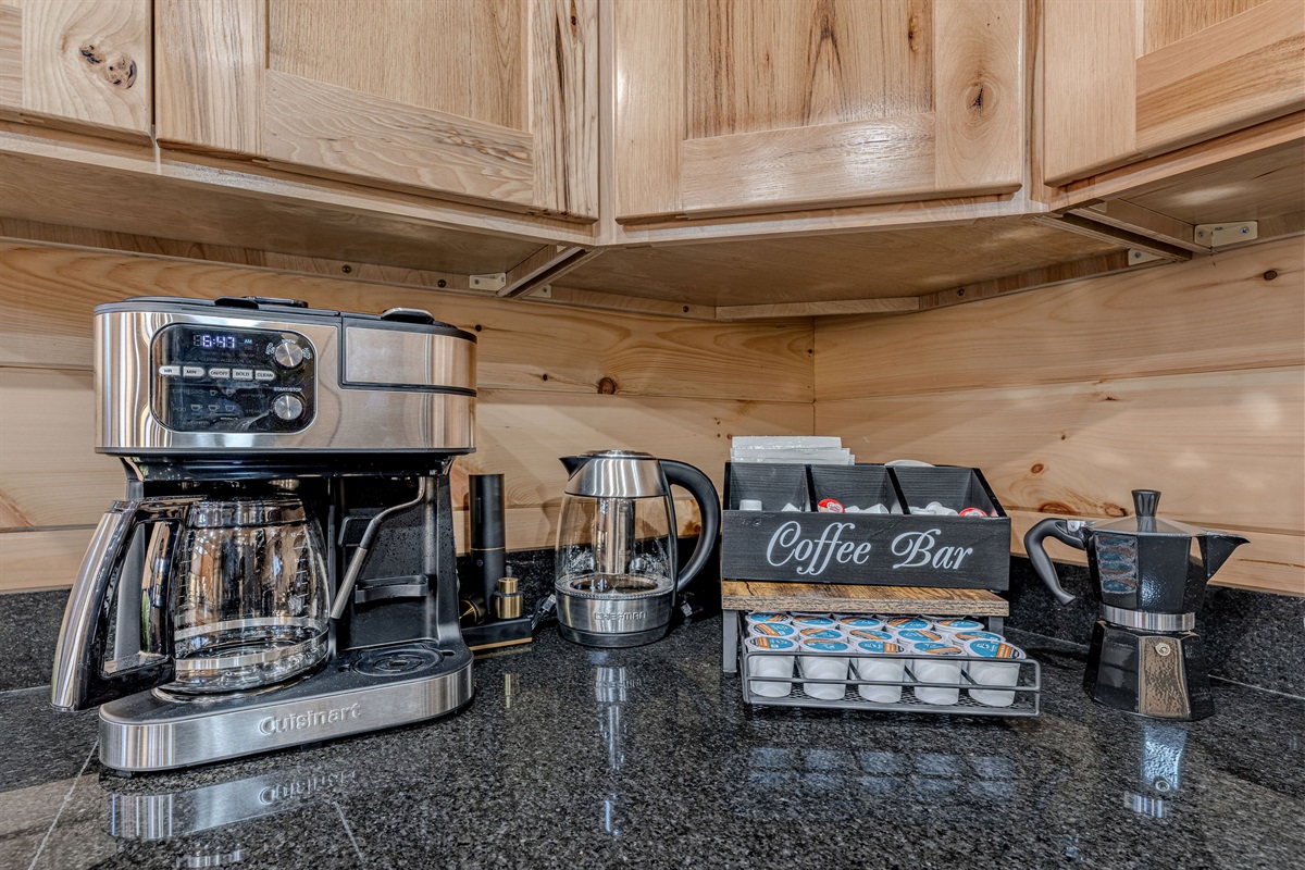 A coffee bar with an assortment of brewing styles and a starter coffee set!